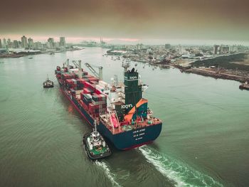 High angle view of ship sailing in sea