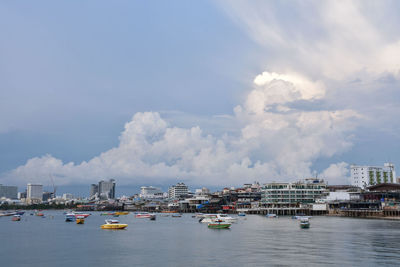 Panoramic view of sea and buildings against sky