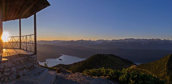 Scenic view of mountains against sky during sunset