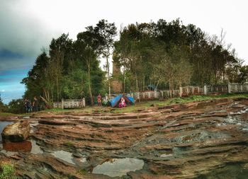 People sitting on rock by trees against sky