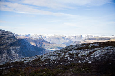 Scenic view of snowcapped mountains against sky