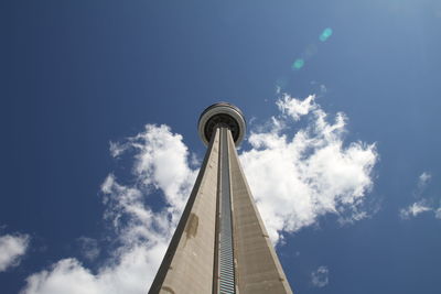 Low angle view of tower and building against sky