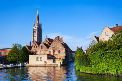 Buildings by river against blue sky