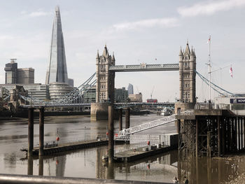 Bridge over river with city in background