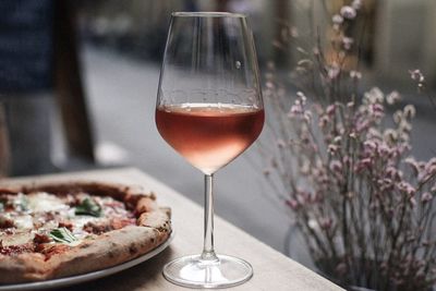 Close-up of pizza served on table