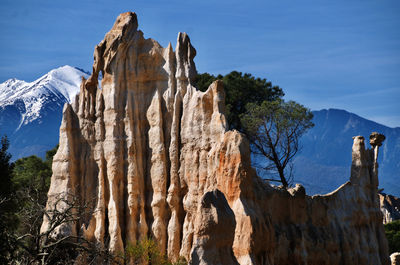 Low angle view of rock formations against sky