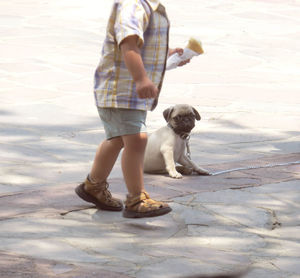 Low section of woman with dog standing on beach