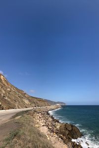 Scenic view of sea against clear blue sky