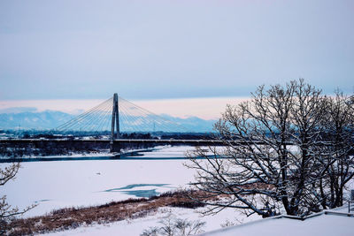 Cable-stayed bridge on snow covered land against sky