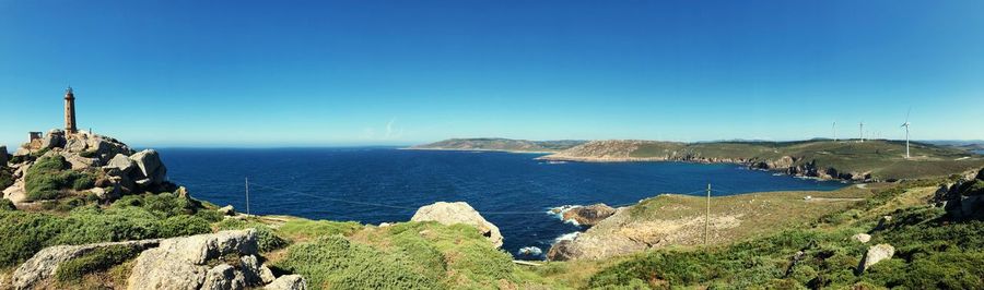 Scenic view of sea against clear blue sky