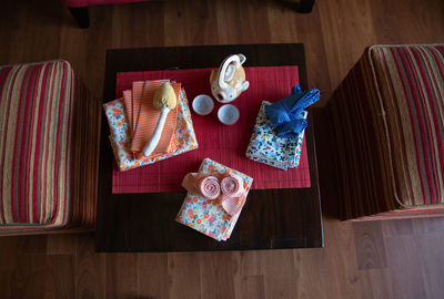 High angle view of decorated table and seats