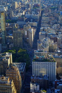 High angle view of modern buildings in city