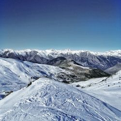 Scenic view of snowcapped mountains against clear blue sky