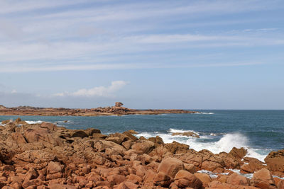 Pink granite coast on the island of renote in brittany, france