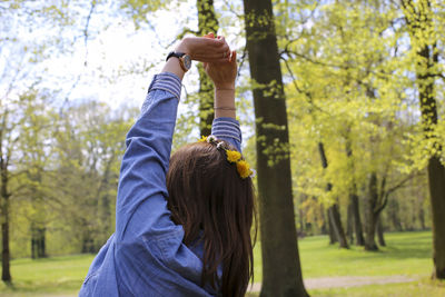 Rear view of women in park