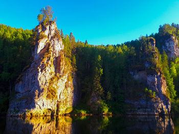 Scenic view of rocky mountains against clear blue sky