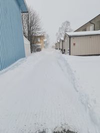 Snow covered houses by building against sky