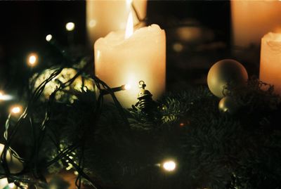 Close-up of illuminated christmas tree at night