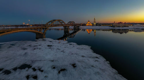 Bridge over river against sky during sunset