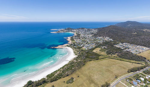 Aerial view of bicheno on the east coast of tasmania, australia. redbill beach in the foreground.