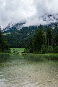 Scenic view of lake and mountains against sky