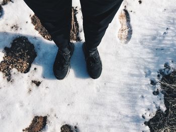 Low section of person standing on snow field