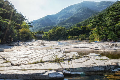 Scenic view of river by mountains against sky