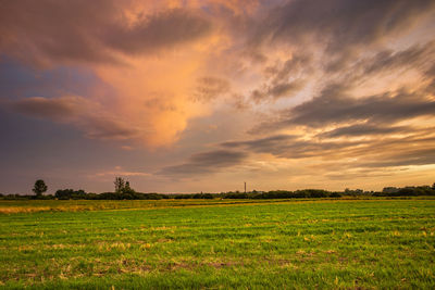 Green field, horizon and colorful clouds, eastern poland