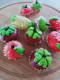 High angle view of chopped fruits on table