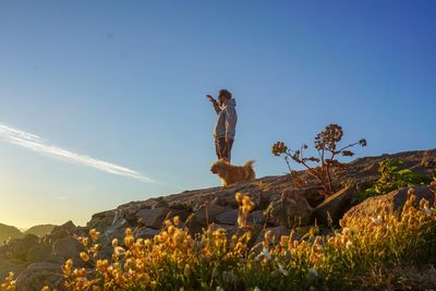 Low angle view of man and dog standing on hill against blue sky during sunset