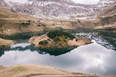 Scenic view of lake and mountains against sky