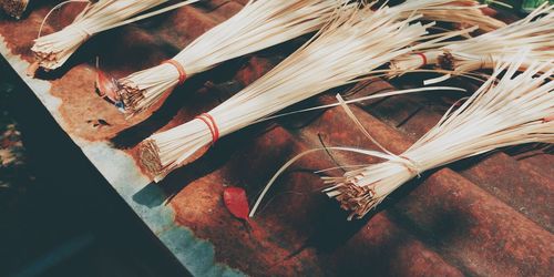 High angle view of various food on table