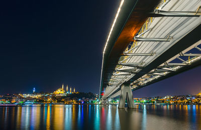 Illuminated bridge over river at night