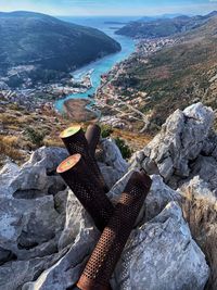 High angle view of rocks by river