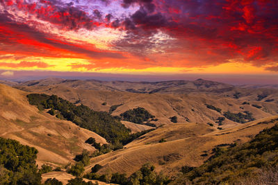 Scenic view of landscape against dramatic sky during sunset