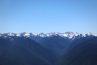 Scenic view of snowcapped mountains against clear blue sky