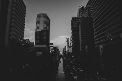 Panoramic view of city buildings against sky at dusk