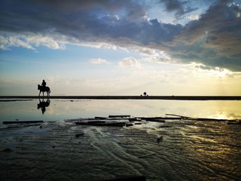 Silhouette person on sea against sky during sunset