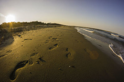 Footprints on sand at beach against sky