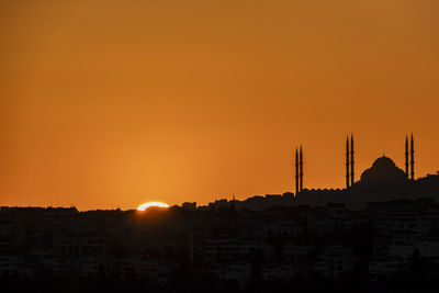 Silhouette of buildings at sunset