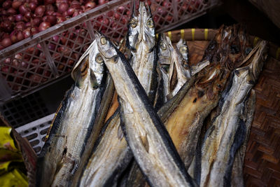 High angle view of fish for sale at market