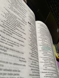 High angle view of text on book