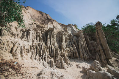 Low angle view of rock formation on land against sky