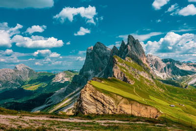 Panoramic view of the seceda, high mountain in the dolomites in south tyrol, italy.