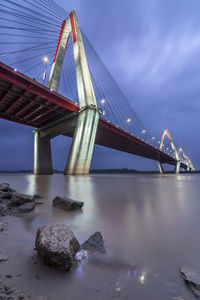 View of suspension bridge over river