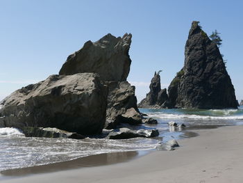 Rocks on beach against clear sky