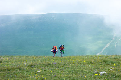 Hikers walking on field against mountain