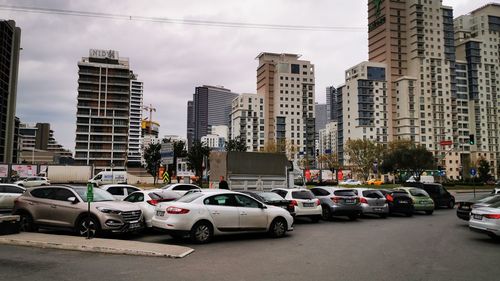 View of city street and buildings against sky