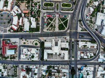 High angle view of street and buildings in city