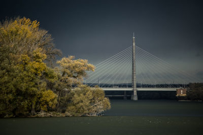 View of suspension bridge over river